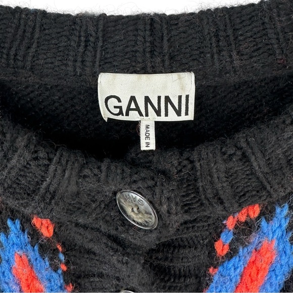 GANNI Black Red Blue Intarsia Organic Wool Chunky Knit Oversize Cardigan Sweater - Picture 7 of 11